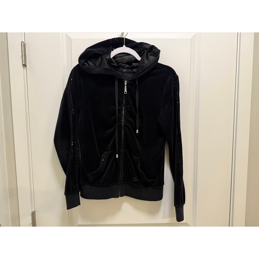 Seven7 Womens Black Velour Sequin Zip Up Hoodie Ruched Front Track Jacket Size M